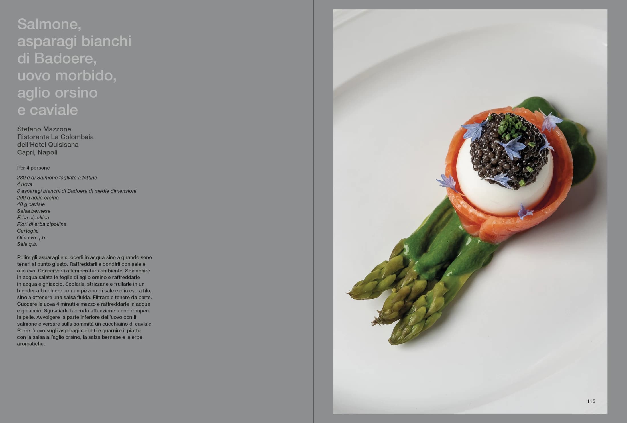 Ricetta di salmone con asparagi bianchi di Badoere, uovo morbido, aglio orsino e caviale